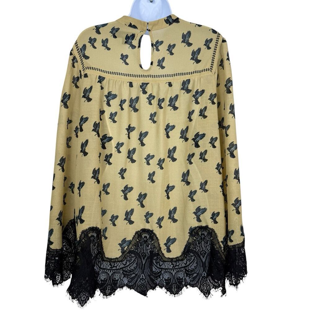 Max Studio Top Women Tan Black Lace Trim Crow Print Whimsigoth Witchy Boho Sheer - Picture 8 of 13